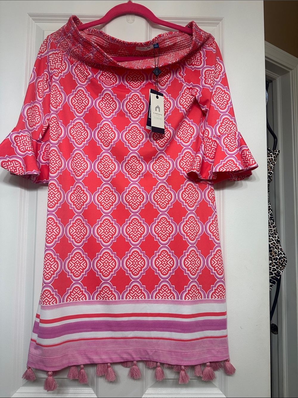 Cabana Life Pink and Coral Geometric Tassel-Trim Shift Dress